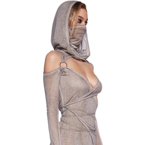 NWT Darker Wavs Semi-Sheer Hooded Turtleneck Midi Dress with Cut Out Detail - Picture 3 of 10